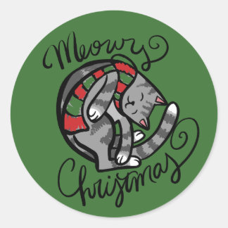 Meowy Christmas Grey Cat Art                       Classic Round Sticker