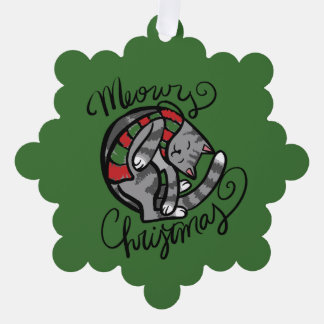 Meowy Christmas Grey Cat Art Ornament Card