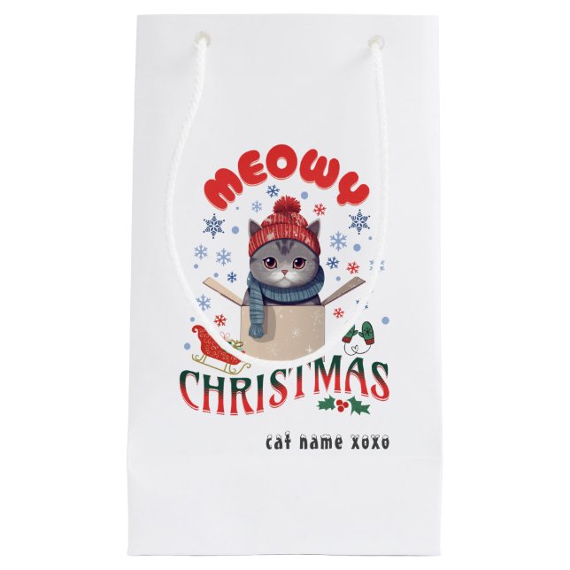 Meowy Christmas Grumpy Gray Cat Mug Small Gift Bag (Front)