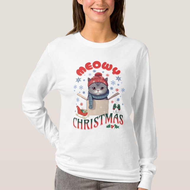 Meowy Christmas Grumpy Gray Cat  T-Shirt (Front)