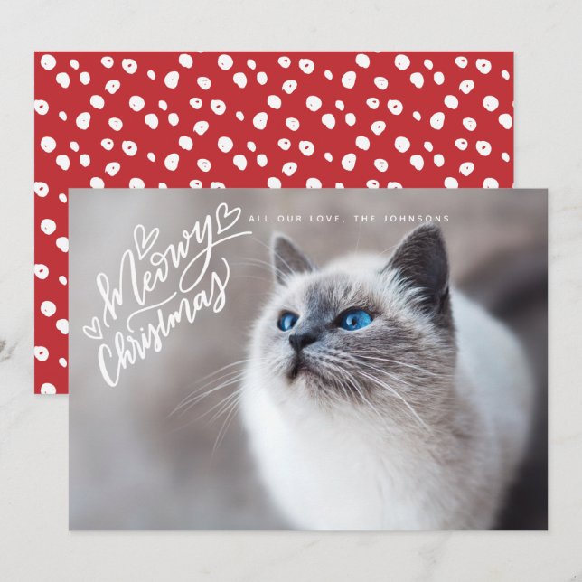 Meowy Christmas  Hand Lettering Cat Full Photo Holiday Card (Front/Back)