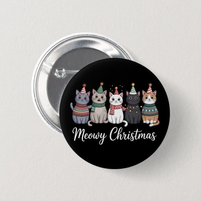 Meowy Christmas Happy Cat Year Cat Lover Xmas Button (Front & Back)