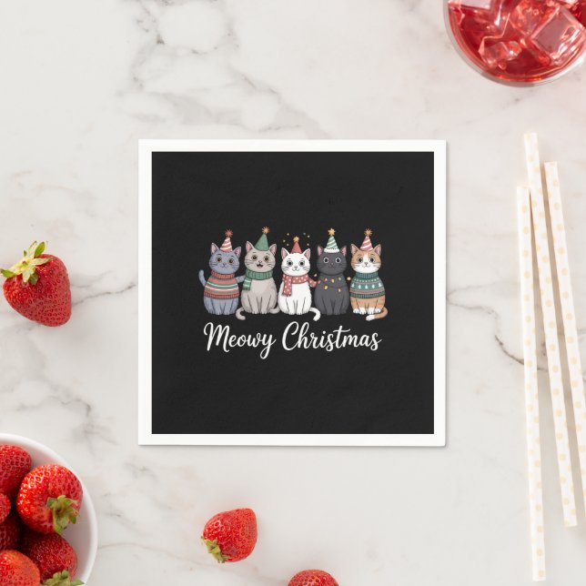 Meowy Christmas Happy Cat Year Cat Lover Xmas Napkins (Insitu)