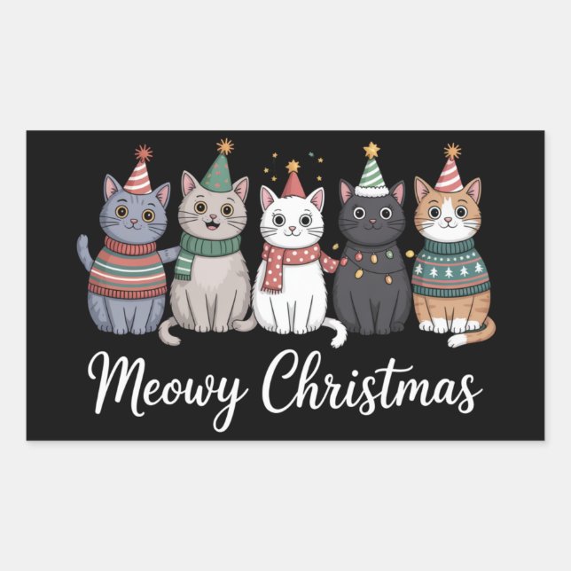 Meowy Christmas Happy Cat Year Cat Lover Xmas Rectangular Sticker (Front)