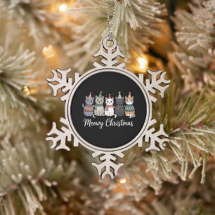 Meowy Christmas Happy Cat Year Cat Lover Xmas Snowflake Pewter Christmas Ornament