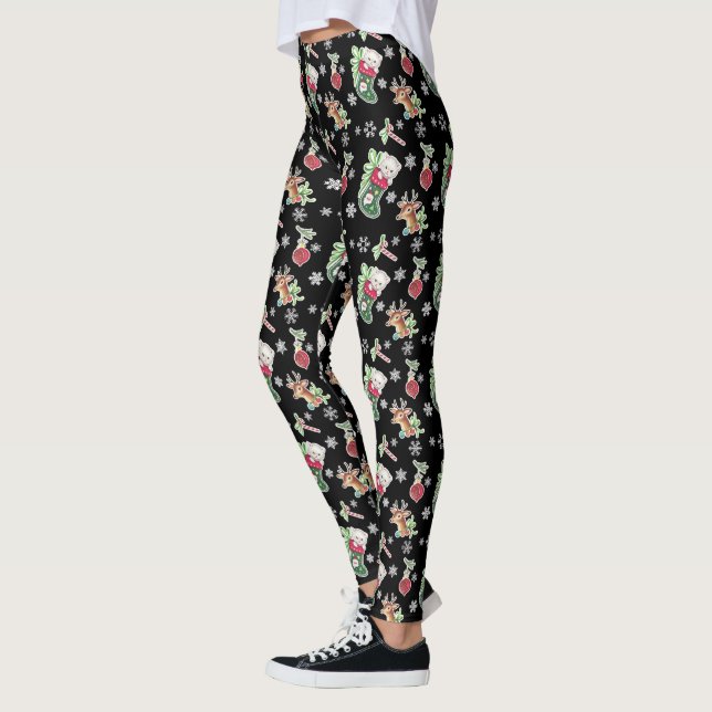Meowy Christmas Happy Reindeer - on Black Leggings (Left)