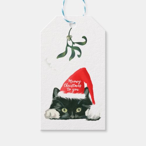 meowy christmas holiday cat in santa hat tags