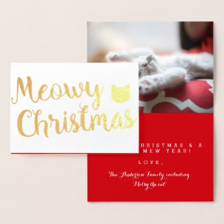 Meowy Christmas Holiday Cat Pun Design Foil Card