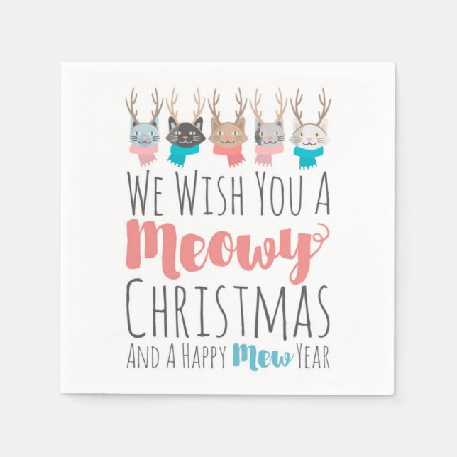 'Meowy Christmas' Holiday Cats In Antlers Funny Napkins (Front)