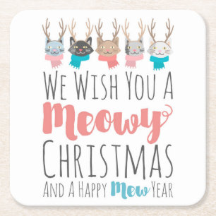 'Meowy Christmas' Holiday Cats In Antlers Funny Square Paper Coaster