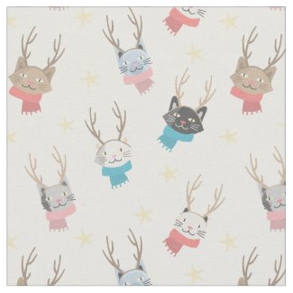 'Meowy Christmas' Holiday Cats In Antlers Pattern Fabric