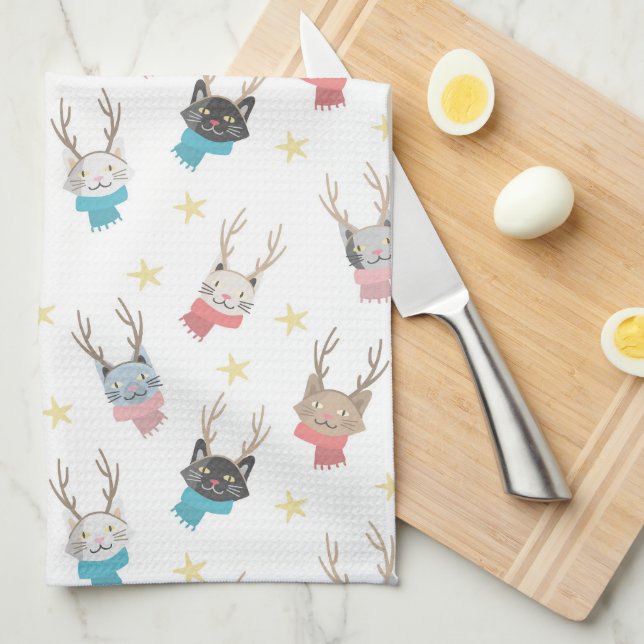 'Meowy Christmas' Holiday Cats In Antlers Pattern Kitchen Towel (Quarter Fold)