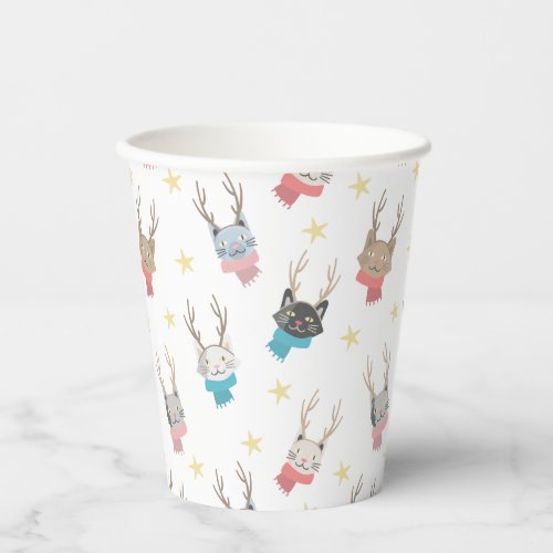 Meowy Christmas Holiday Cats In Antlers Pattern Paper Cups