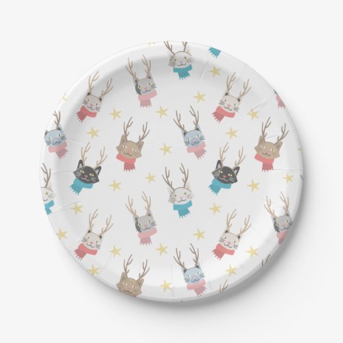 Meowy Christmas Holiday Cats In Antlers Pattern Paper Plates