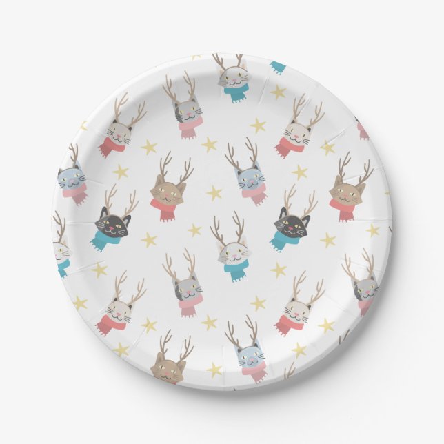 'Meowy Christmas' Holiday Cats In Antlers Pattern Paper Plates (Front)