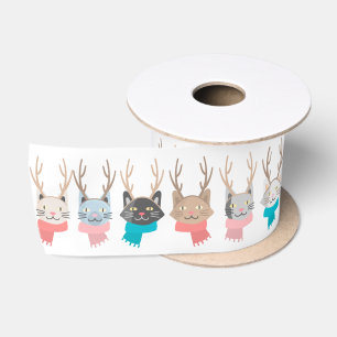 'Meowy Christmas' Holiday Cats In Antlers Pattern Satin Ribbon
