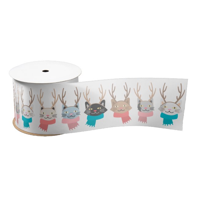 'Meowy Christmas' Holiday Cats In Antlers Pattern Satin Ribbon (Spool)