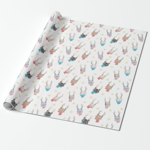 Meowy Christmas Holiday Cats In Antlers Pattern Wrapping Paper