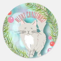 Meowy Christmas Kitten Cat Holiday Card Sticker