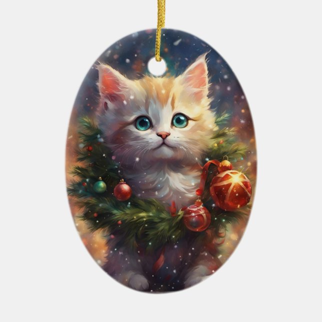 Meowy Christmas Kitten Wreath Ornament (Front)