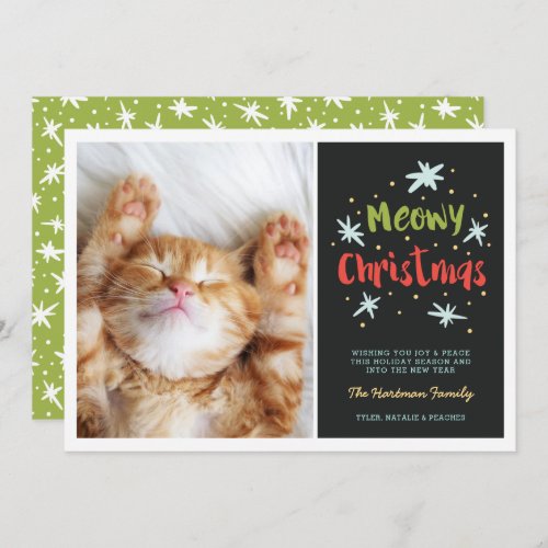 Meowy Christmas Kitty Modern Christmas Photo Green Holiday Card