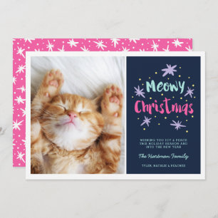 Meowy Christmas Kitty Modern Christmas Photo Pink Holiday Card