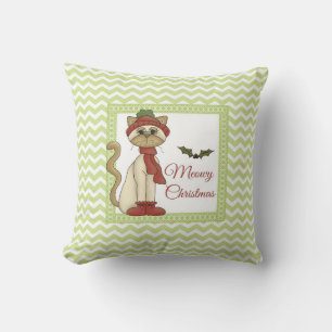Meowy Christmas Kitty w/green chevron background Throw Pillow
