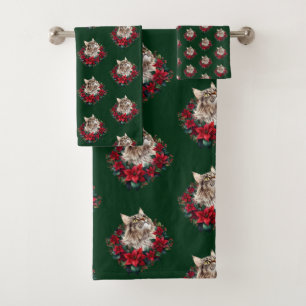 Meowy Christmas Maine Coon Cat  Bath Towel Set