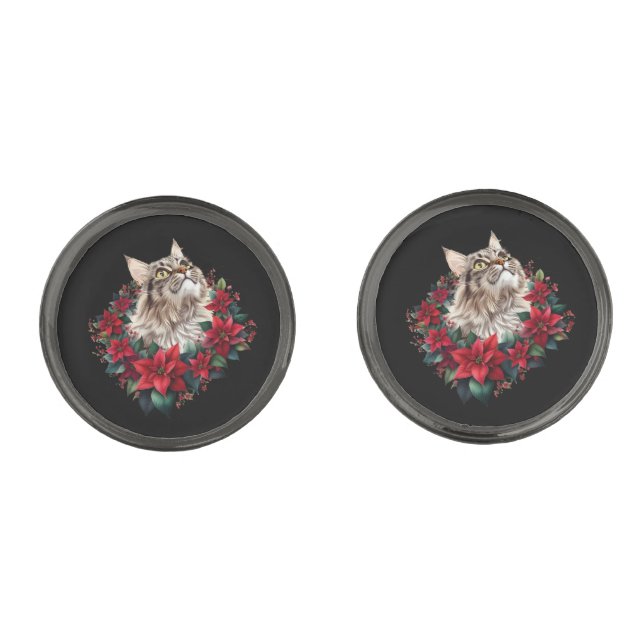 Meowy Christmas Maine Coon Cat  Cufflinks (Front)