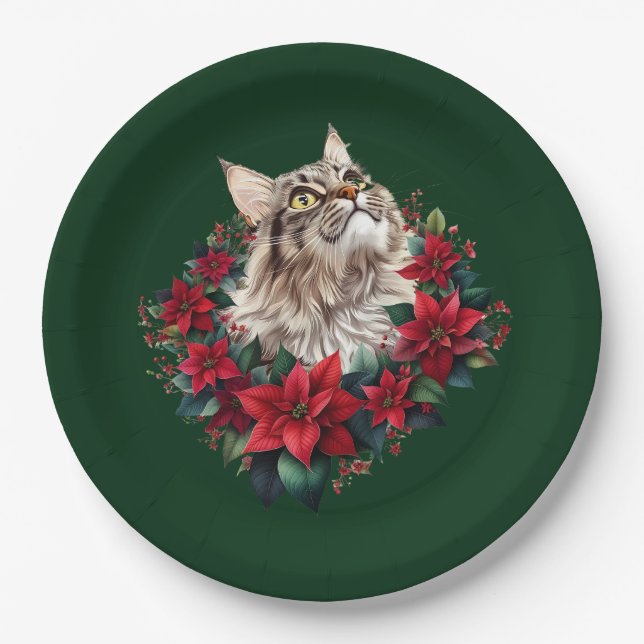 Meowy Christmas Maine Coon Cat  Paper Plates (Front)
