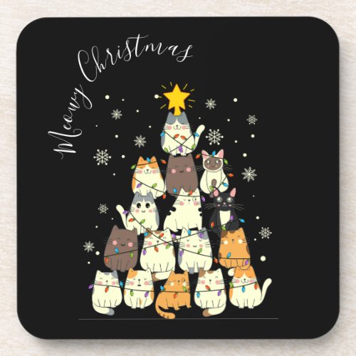 Meowy Christmas Merry Cat Tree Beverage Coaster