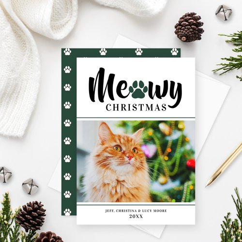 Meowy Christmas Modern Green Cat Photo Card