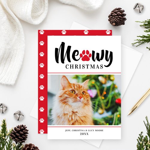 Meowy Christmas Modern Red Cat Photo Holiday Card