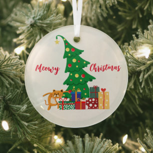 Meowy Christmas, Naughty Cat, Funny, Humor Glass Ornament