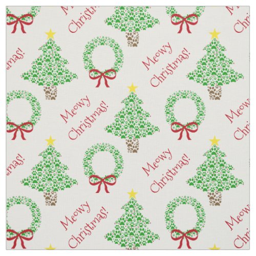 Meowy Christmas Paw Print Holiday Trees  Wreaths Fabric