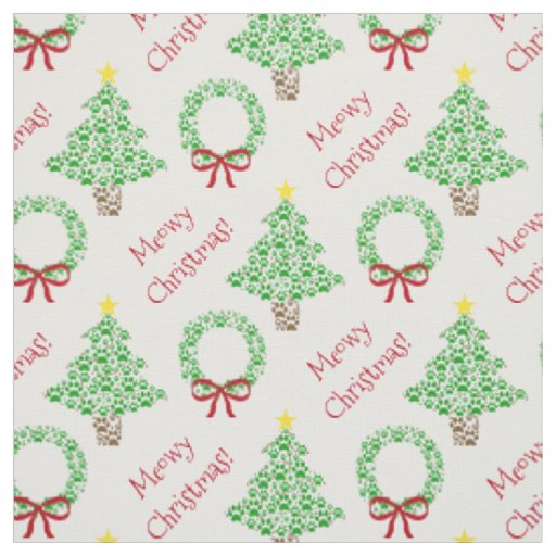 Meowy Christmas Paw Print Holiday Trees & Wreaths Fabric