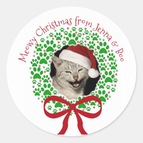 Meowy Christmas Paw Print Holiday Wreath Photo Classic Round Sticker