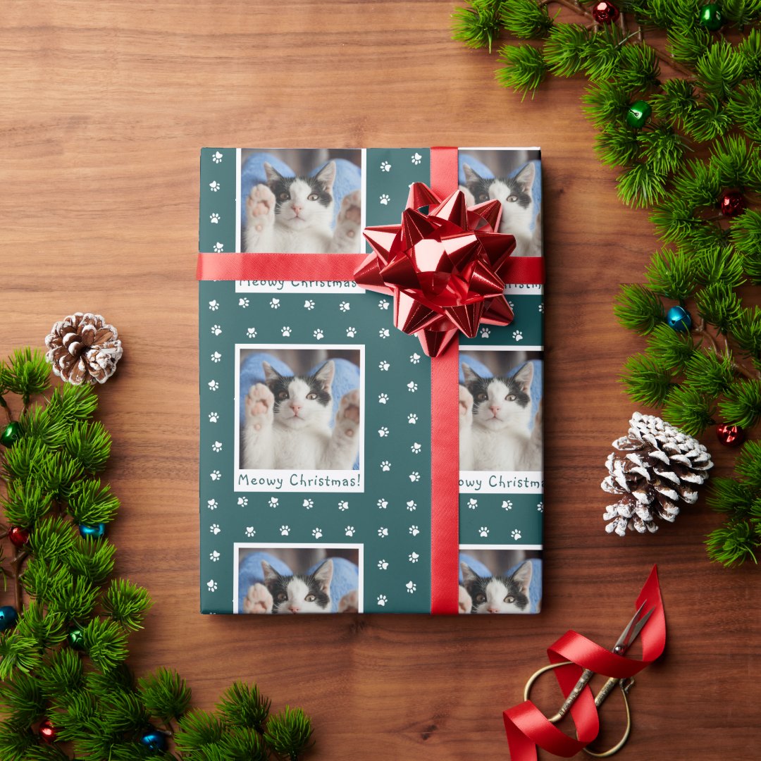 Meowy Christmas Personalized Pet Cat Photo Wrapping Paper | Zazzle