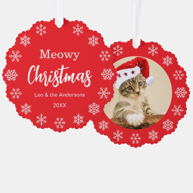 Meowy Christmas Pet Cat Photo Snowflakes Red   Ornament Card (Front/Back)