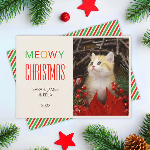 Meowy Christmas Pet Cute Kitten Photo Red & Green Holiday Card