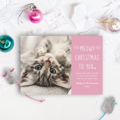 Meowy Christmas Pink Funny Cat Photo Holiday Card