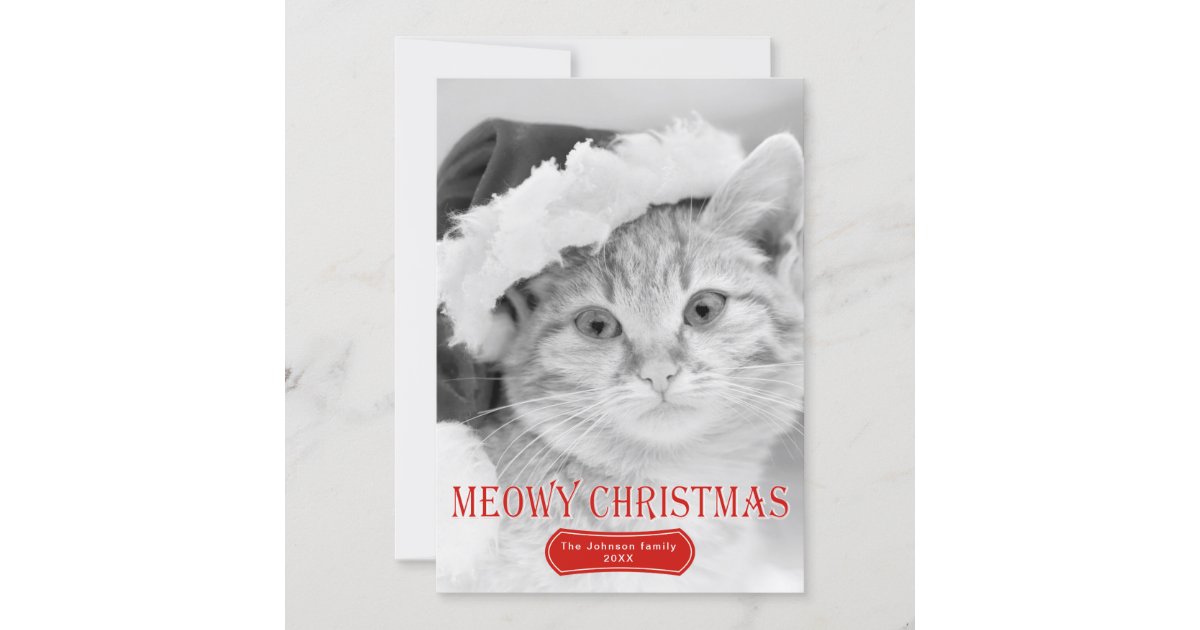 Meowy Christmas red cat pet Christmas photo Holiday Card | Zazzle