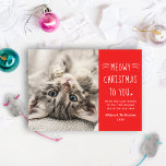 Meowy Christmas Red Cat Photo Stripes Holiday Card<br><div class="desc">Send a little feline cheer with this “Meowy Christmas to You” holiday card, featuring playful whisker accents and modern hand-lettered typography in soft pink. The photo area is easy to personalize with your own cat, kitten, pet, or family photo, plus names and year. The back includes a coordinating red-and-white stripe...</div>