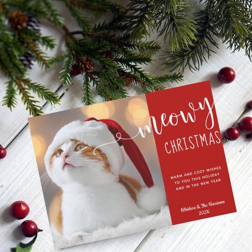 Meowy Christmas Red Funny Cat Photo Holiday Card