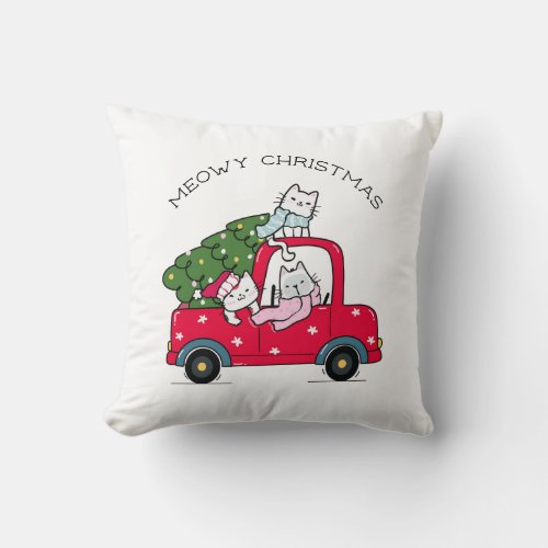 Meowy Christmas Red Truck Cats Holiday Throw Pillow