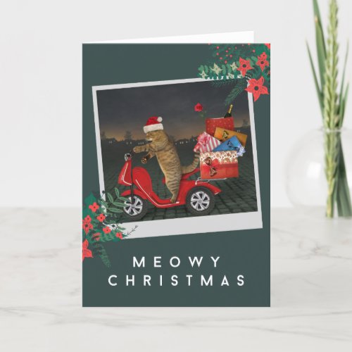 Meowy Christmas _ Santa Cat On Scooter With Gifts Holiday Card