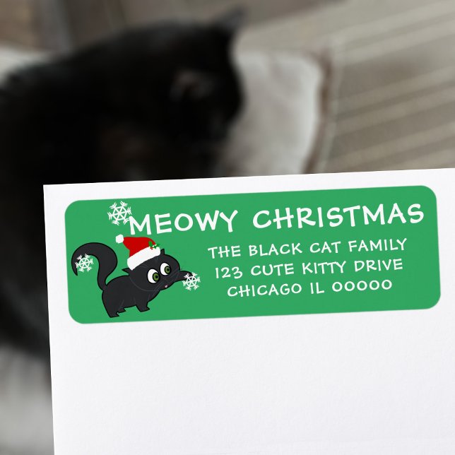Meowy Christmas Santa Cat Pet Return Address Label (Meowy Christmas! A cute kitten wearing a santa hat on your return address labels. Happy Pawlidays!)