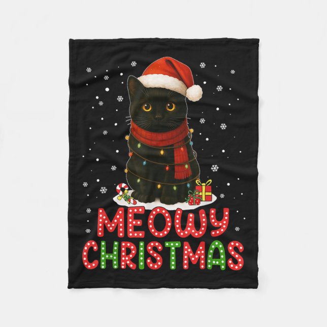 Meowy Christmas Santa Hat Funny Black Cat Men Wome Fleece Blanket (Front)