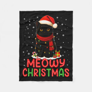 Meowy Christmas Santa Hat Funny Black Cat Men Wome Fleece Blanket