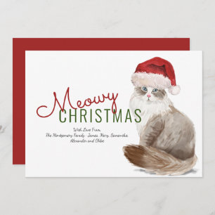 Meowy Christmas Siberian Cat Santa Hat Watercolor Holiday Card